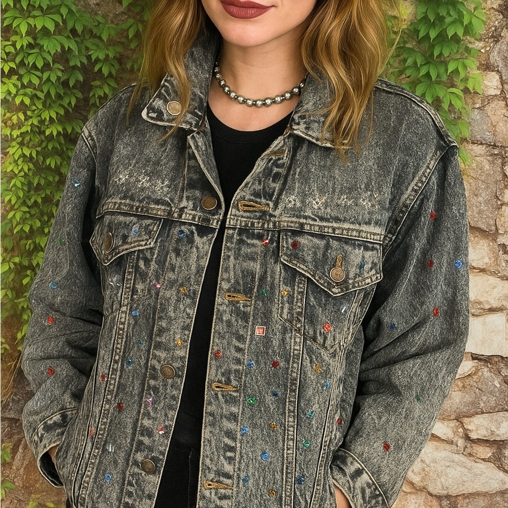VINTAGE ROEBUCKS Rare 1980s Acid Washed Studded Jean Jacket, L